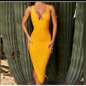 Oh Polly Mustard Yellow Asymmetrical Bodycon Midi Dress